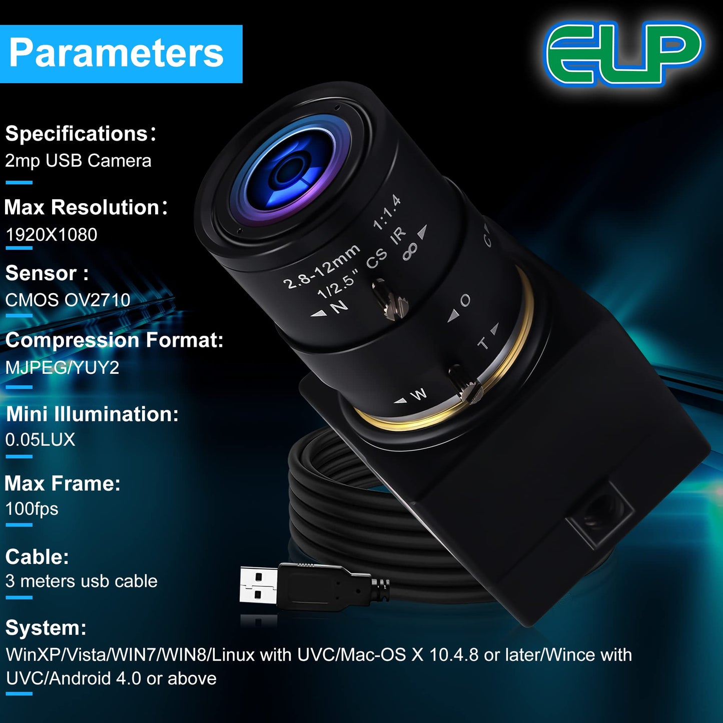1080P USB Webcam with Zoom 2.8-12mm Vari-Focus PC Camera - 100fps/60fps Varifocal Lens