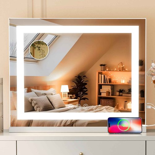 Fenair Vanity Mirror with Lights 22.8’ * 18.1’ Diamond Light Strip Makeup Mirror with Tempered Glass, 3 Color Modes Light up Mirror with USB Charging Port, 10X Magnification and Smart Touch, White