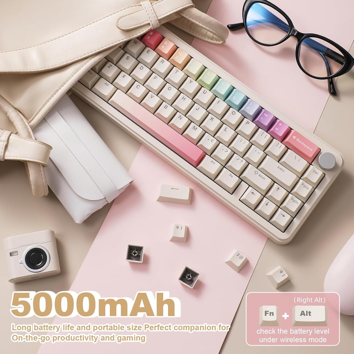 YUNZII B68 Wireless Mechanical Keyboard,Tri-Mode BT5.0/2.4GHz/USB-C,Cute PBT Keycaps,Hot Swappable Creamy Typing Gasket Mounted,RGB Backlit NKRO for Win/Mac (Black, Milk V2 Switch)