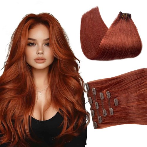 Belaved Clip in Hair Extensions 20 Inch 5PCS 70g Auburn in Real Human Hair Extensions Seamless Invisible Straight for Women Red #135