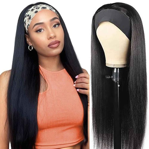 olimaruly Straight Headband Wig Human Hair Wear and Go No Lace Machine Made 24 Inch Straight Headband Wig Glueless 180% Density Headbands Wigs Human Hair Natural Black Color