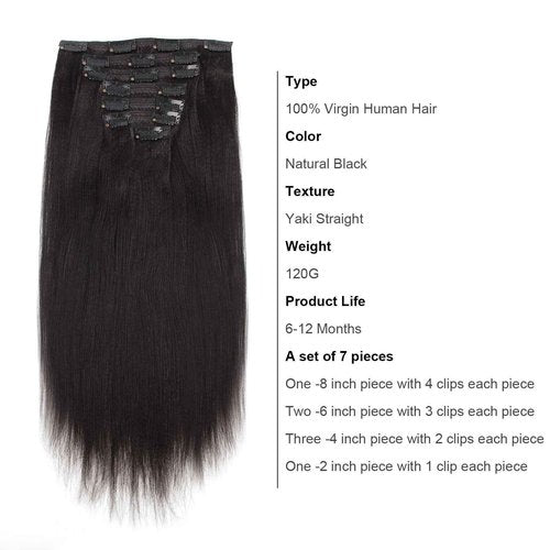 ABH AmazingBeauty Hair Real Remy Thick Yaki Straight Clip Ins Black Hair Extensions for African American Relaxed Hair 7 Pieces 120 Gram Per Set, 14 Inch