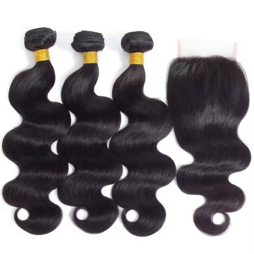 Brazilian Body Wave Virgin with Lace Closure(14 16 18 with12 Closure) Human Hair Unprocessed Hair with Closure 4X4 Lace Natural Black Hair