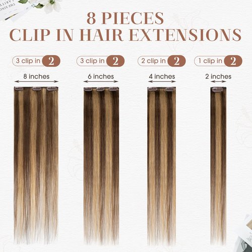 TESSHAIR Clip in Hair Extensions Real Human Hair 16 Inch Human Hair Clip in Extensions Medium Brown & Dark Blonde Hair Extensions Clip ins Double Weft 100% Real Human Hair Extensions 8 PCS 65g #4P27
