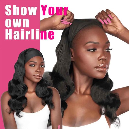Hertune Human Hair Body Wave Headband Wig, 26 Inch, Black, Glueless, Wavy (loose waves), 21.75 Inch Cap Size