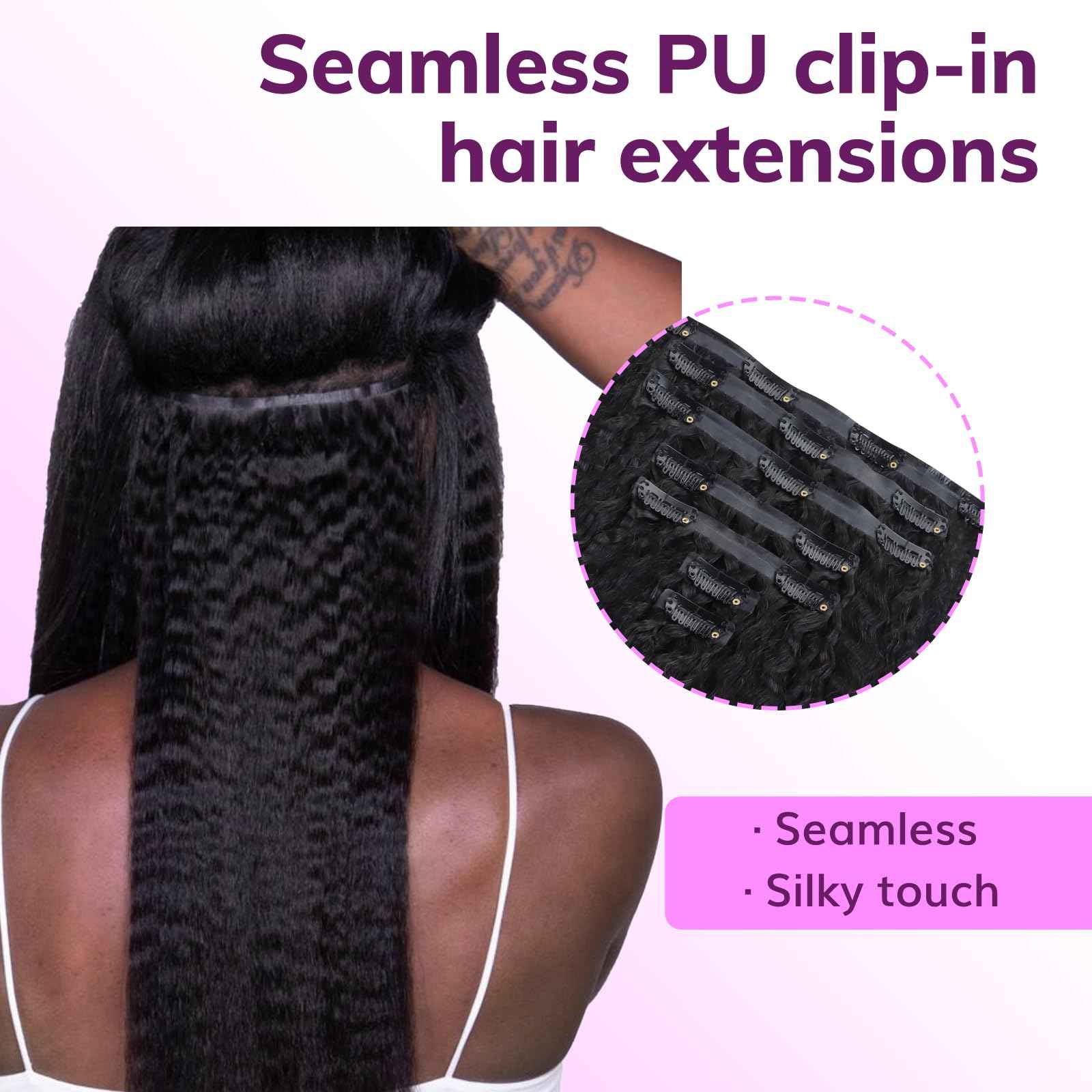 IDN BEAUTY Seamless Clip In Hair Extensions Human Hair, Kinky Straight 16 Inch 130g 9pcs Natural Black Remy Virgin Human Hair Seamless Clip Ins For Black Women PU Weft Invisible Edge