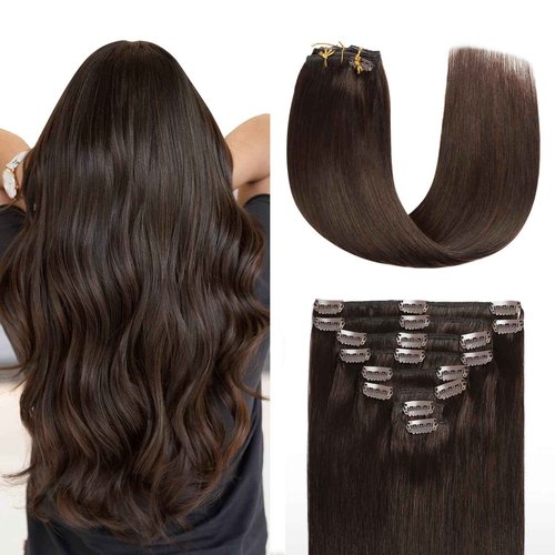 Sunya Real Human Hair Clip in Extensions - Dark Brown, Double Weft, Straight, 20 Inch #2, 8 Pcs/120g