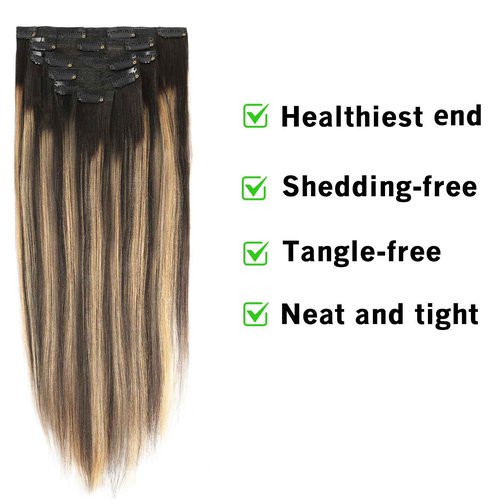Lovrio Yaki Clip in Hair Extensions Human Hair Root Natural Black #1B to Caramel Blonde #27 Yaki Straight Clip ins Human Hair Double Weft Light Yaki Clip ins Full Head 14inch 7 Pcs With 17 Clips 120G