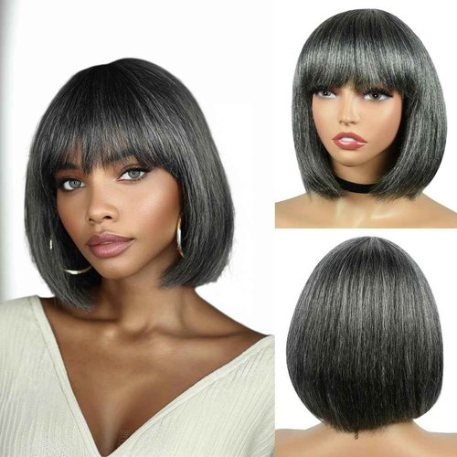 Salt and Pepper Wigs for Black Women with Bangs, Glueless Non Lace Short Straight Silver Wig, Ready to Wear Natural Look with Breathable Cap (Medium Salt & Pepper | Bangs, 10 inch)
