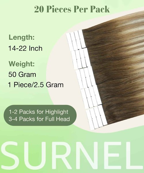 SURNEL Tape in Human Hair Extensions Balayage Walnut Brown to Ash Brown and Golden Blonde Tape in Hair Extensions 22 inch 20pcs 50g(#3/8/22-22)