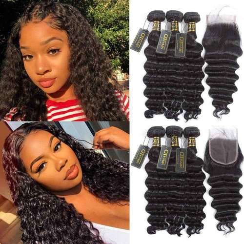 QTHAIR 16A loose Deep Wave Bundles with Closure for Black Women(12 14 16+10)100% Unprocessed Brazilian Deep Wave Human Hair 3 Bundles with 4X4 Lace Closure Free Part Natural Color