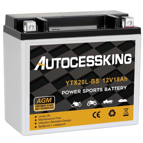 Autocessking YTX20L-BS 12V 18AH Motorcycle Battery, Rechargeable Sealed AGM Battery Maintenance Free Powersport Replacement Battery for ATV and Scooter