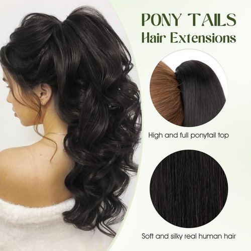 Charites Ponytail Extension, 16 Inch Claw Clip Ponytail Extension Human Hair Long Straight Jaw Clip in Real Hair Pony Tails Hairpieces for Women Natural Black
