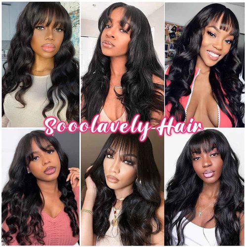 Sooolavely 20 Inch Body Wave Wigs with Bangs Human Hair Wig for Women Machine Made None Lace Front Wigs 180% Density Brazilian Virgin Human Hair Glueless Wig with Adjustable Drawstring Natural Color