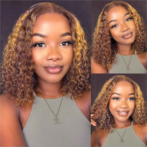 Maytune Wear and Go Glueless Wig Human Hair Pre Plucked Pre Cut 4/27 Highlight Ombre Bob Wig Human Hair Honey Blonde Deep Wave HD Lace Front Wig 4x4 Curly Closure Human Hair Wigs for Women 10 INCH