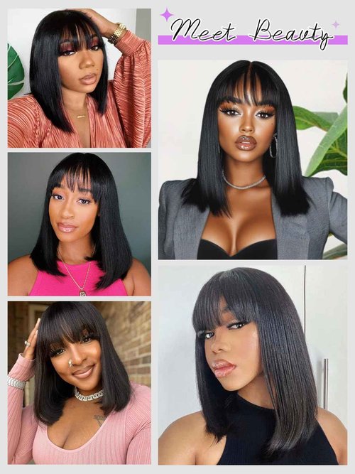 MURAME Bob Wig Human Hair 210% Density Bob Wig with Bangs 100% Human Hair Wigs for Black Women Pre-Bleached Glueless Straight Bob Wigs(12Inch,black bob wig)