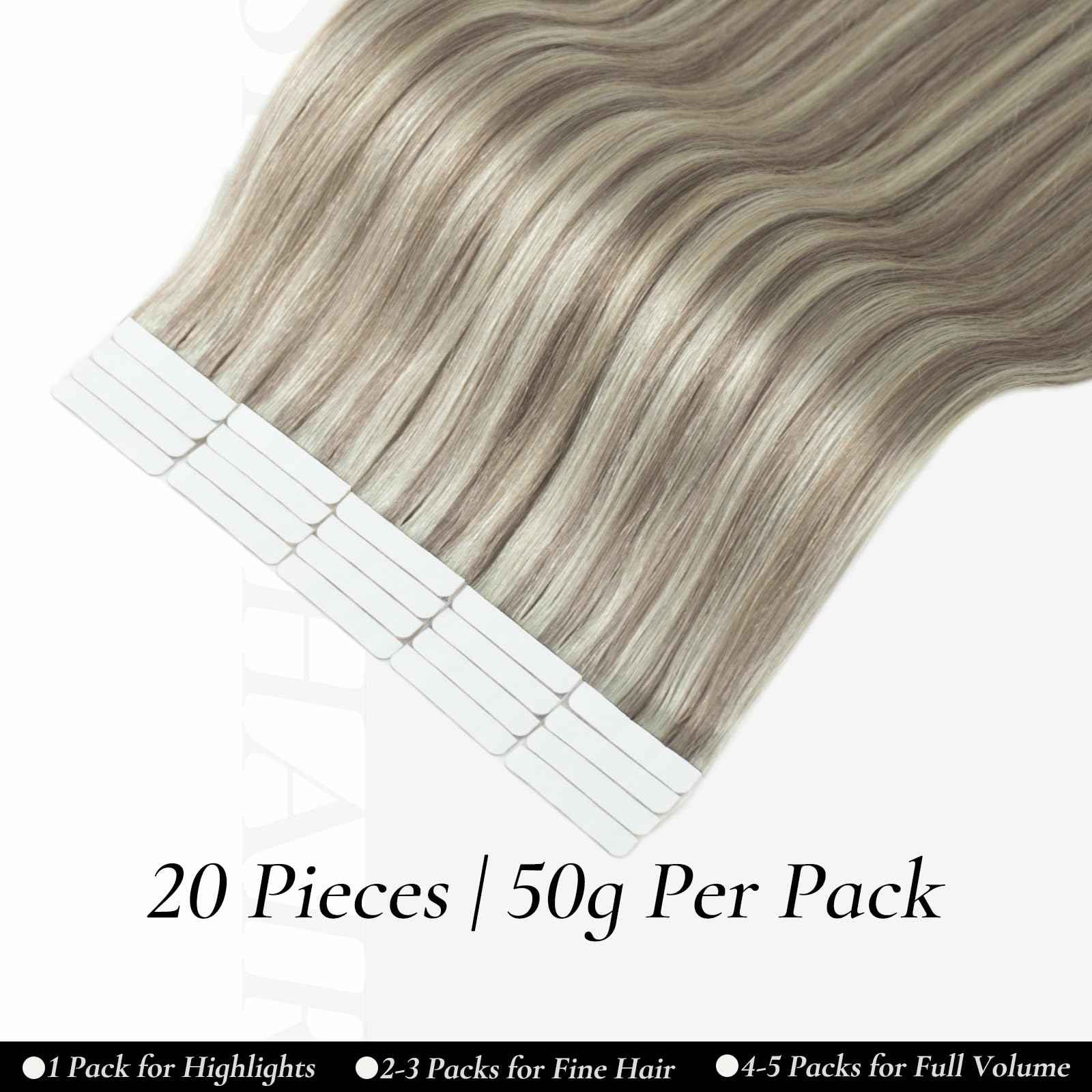 Hyssiet Tape in Hair Extensions Human Hair, 20pcs 50g 14 Inch Ash Blonde Highlighted Bleach Blonde Human Hair Tape in Extensions, Invisible Silky Straight Tape in Hair,Natural Thick Real Human Hair