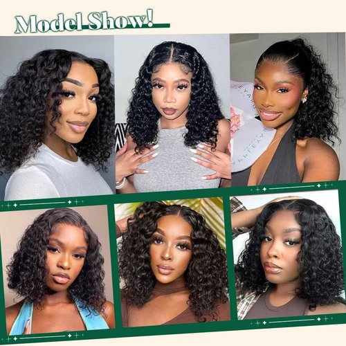 EMOBANA Short Curly Bob Wig Human Hair 13x4 Lace Front Wigs Brazilian Virgin Human Hair Lace Frontal Curly Wigs For Black Women Pre Plucked with Baby Hair 180 Density (16 Inch)