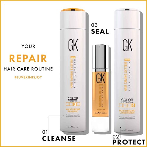 Global Keratin GK Hair Moisturizing Shampoo and Conditioner Set 300ml I Organic Argan Oil Hair Serum 50ml For Frizz Control Dry Damage Hair Repair I Vent Brush (2.5 Inch) Rubber Handle