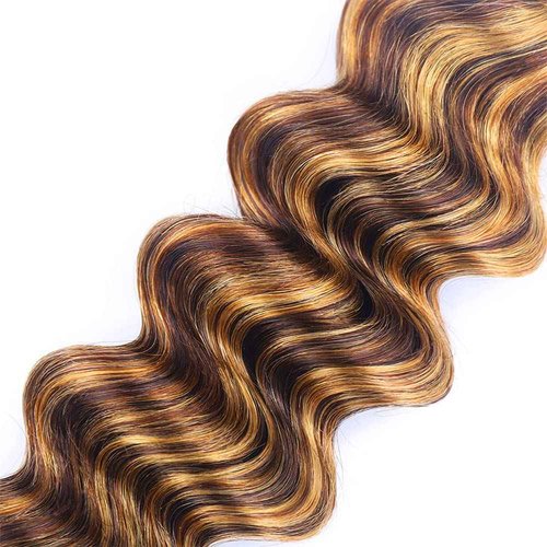 P4/27 Highlight Deep Wave Bundles Brown and Honey Blonde Human Hair 3 Bundles Brazilian 100% Unprocessed Virgin Extensions Double Weft Bundle Piano Color 14 16 18 Inch