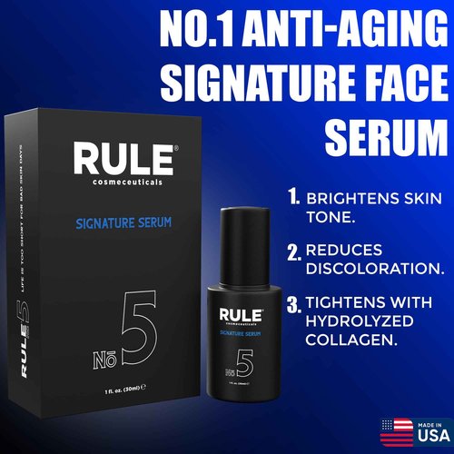 RULE No.5 Vitamin C Face Serum for Men with Hyaluronic Acid, Caviar & Niacinamide, Signature Anti-Aging Antioxidant Serum for Face Fine Lines, Wrinkles, Dark Spots, Brightening Skin, 30 mL
