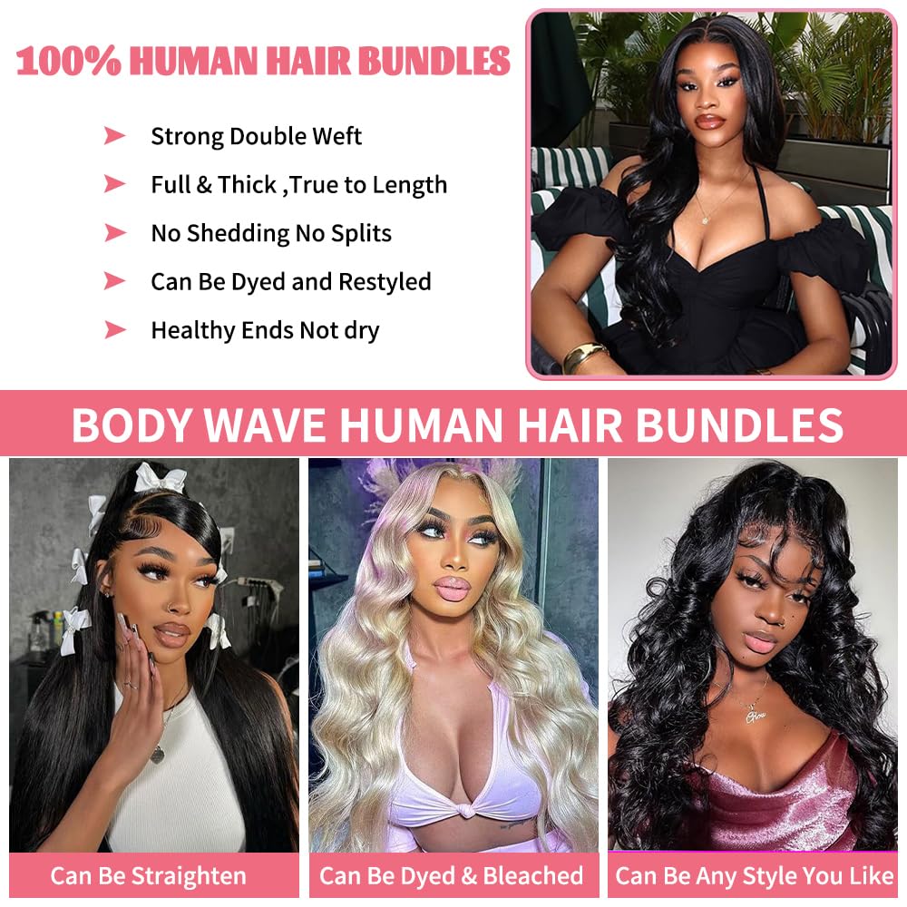 14A Human Hair Bundles 20 22 24 Inch Body Wave Bundles Human Hair 100% Unprocessed Brazilian Virgin Hair Body Wave 3 Bundles Human Hair Extensions for Women Natural Color Quick Weave