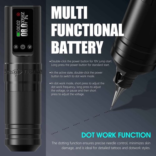 Tattoo Gun Kit Complete Wireless Tattoo Machine Kit, Kiss of Dragon V1S Rotary Adjustable Stroke Tattoo Pen with 1600 mAh Cordless Battery Tattoo Cartridge Needles Set for Beginners