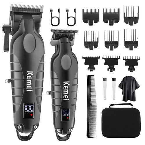 Kemei Hair Clipper and Trimmer Set Professional Cordless Hair Clipper for Men Electric Beard Trimmers Barber Hair Cuttings Kit, T Blade Trimmers for Men with LCD Display, KM-2290，KM-2293