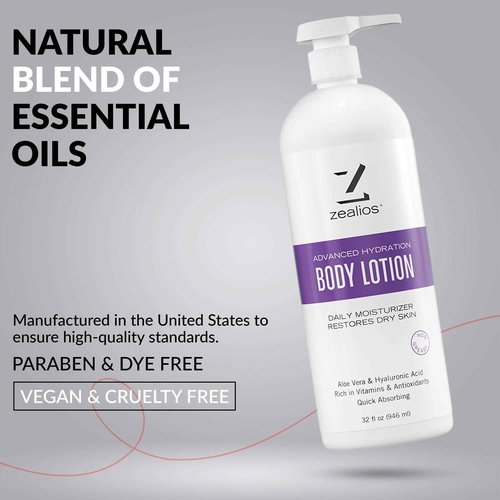 Zealios Advanced Hydration Body Lotion for Dry Skin 32oz - Deep Hydration Formula, Skincare Moisturizer with Vitamins & Antioxidants, Non-Greasy Lotion, Light Papaya & Lychee Scent