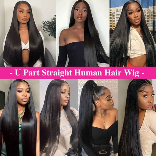 Homgoss U Part Wigs With Drawstring for Women Straight Human Hair Wigs 200% Density U Part Human Hair Wigs Can Be Dyed and Bleached(#1B Natural Black, 20 inch)