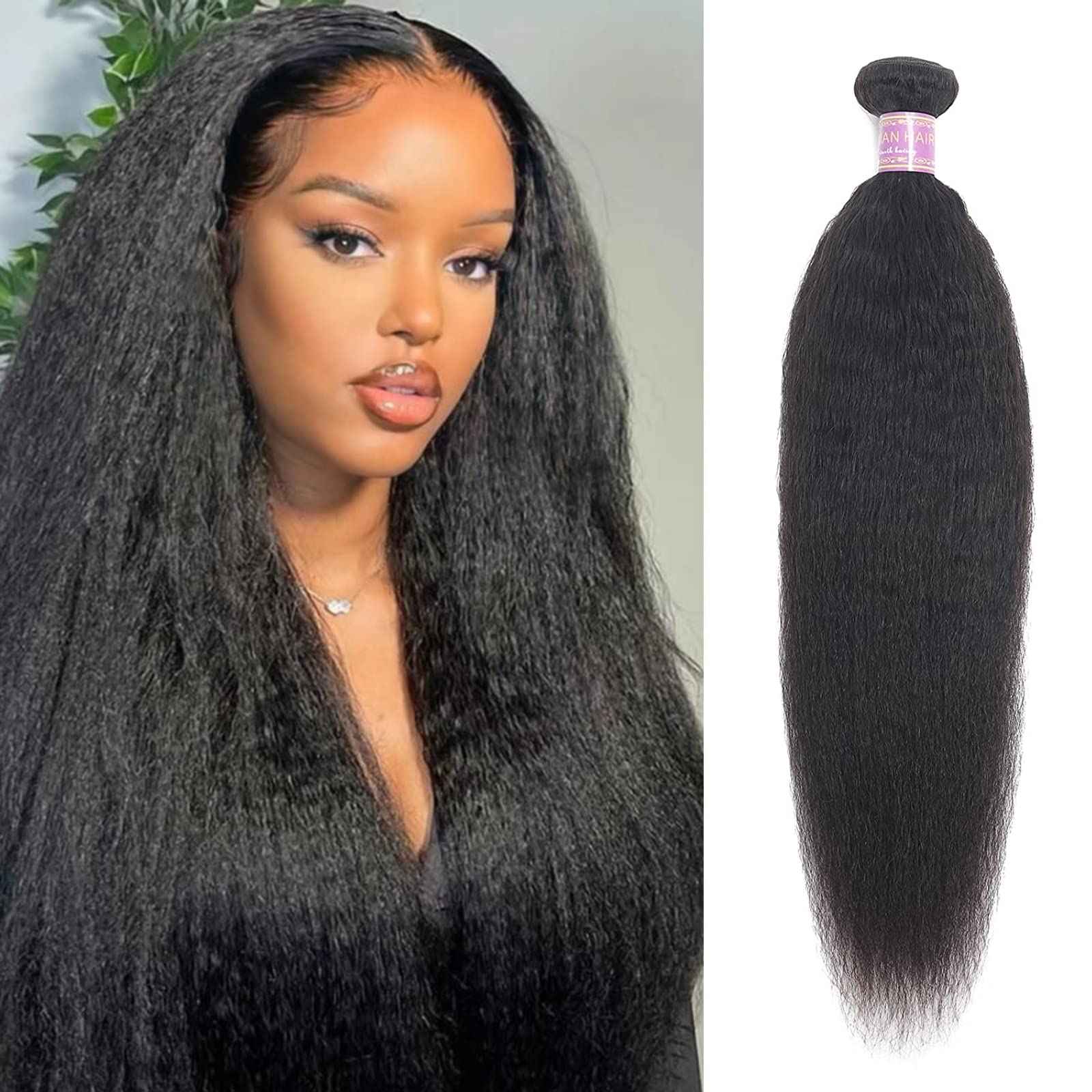 Kinky Straight Human Hair 1Bundles 20Inch Yaki Straight Human Hair Extensions 100% Unprocessed Brazilian Virgin Kinky Straight Human Hair For Black Women Natural Black (20Inch, 1 Bundles)