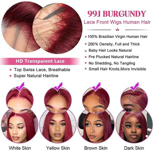 AUOU 32 Inch 99j Burgundy Lace Front Wigs Human Hair Pre Plucked Straight 13x4 HD Lace Front Wigs Human Hair 200% Density Glueless Red Color Frontal Wigs Human Hair for Women