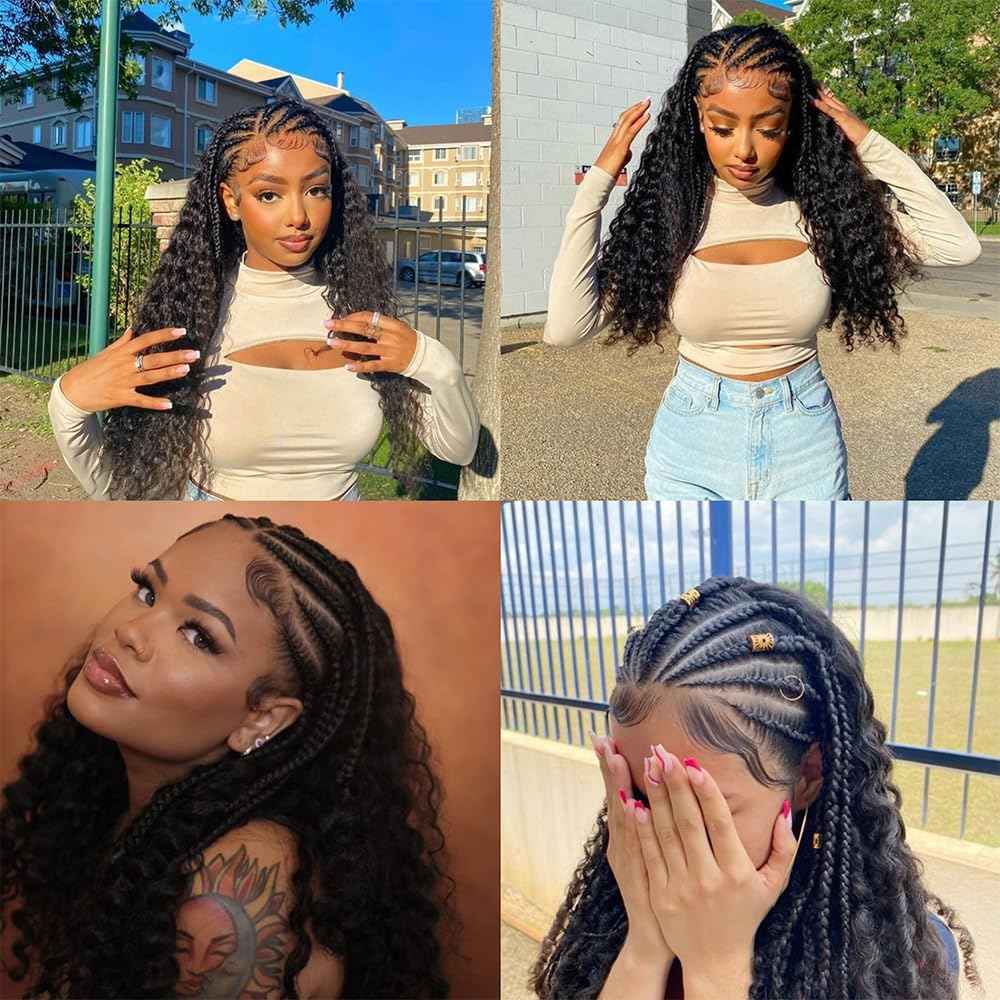 13X6 Braided Lace Front Wigs Human Hair Ready to Go Curly Wave Wigs for Black Women Pre Plucked Natural Hairline Deep Curly HD 180% Density Bob Wig Knotless Box Braids Wigs(braided wig, 16inch)