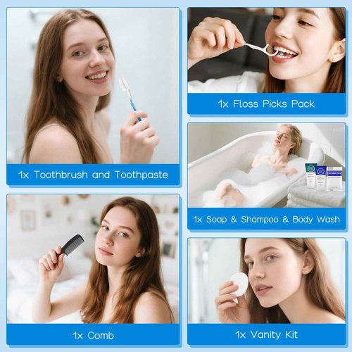 Toiletry Kits Travel Essentials Disposable Hygiene in Bulk, Trial Size Toiletries Supplies Individually Wrapped Traveling Personal Care Items, for Camping, Hotel, Homeless, Charity, 8-in-1 (60-Pack)