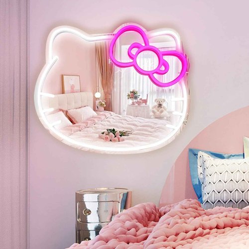MCJSGSP Anime Hello Kit Cat Neon Sign Mirror 12 * 9.5 inch Vanity Mirror with Lights Bedroom Wall Mirror for Pink Room Decor and a Makeup Mirror with Lights Teen Girl Gifts