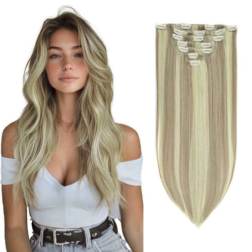 GEELOOK Clip in Hair Extensions Real Human Hair 120g 20 inch Ash Blonde/Lightest Blonde #18/613 Color 7pcs Remy Human Hair Extensions Clip in Straight Thick Natural Hair Extensions