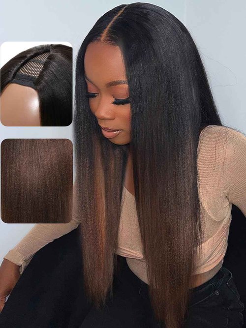 UNICE EasiContour V Part Wigs Human Hair Yaki Straight Glueless Clip in Vpart Human Hair Wig No Sew in No Glue Ombre Chestnut Brown Beginner Friendly 150% Density 20 inch
