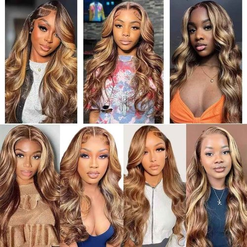 Durgio 30 Inch Honey Blonde Ombre Highlight 13x6 Lace Front Wigs Human Hair 180% Density HD Transparent Pre Plucked Body Wave Lace Front Wigs Glueless #4/27 Colored Human Hair Wig for Women