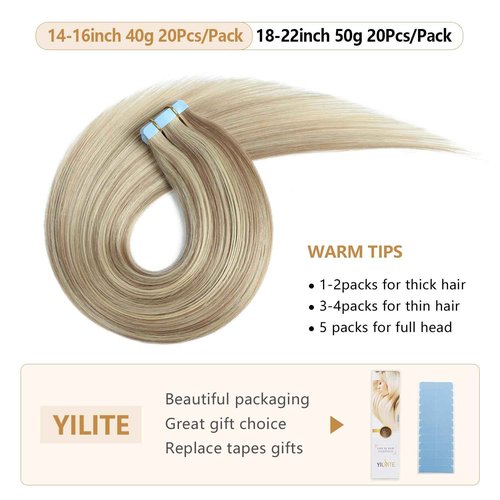 YILITE PU Tape Hair Extensions 22 Inch Glue in Seamless Human Hair Skin Weft Silky Straight Real Hair Extensions Piano 18 Mix 613 - 20 Pcs 50g Remy Tape Extensions (22 inch P18/613)