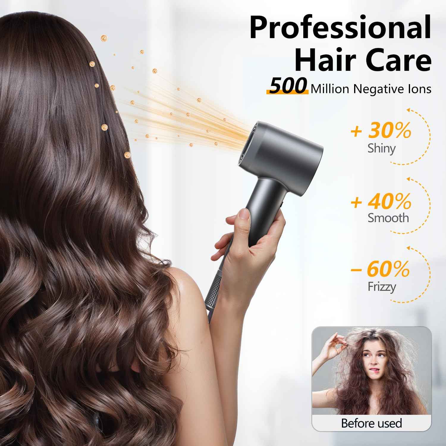 Hair Dryer - 1 Min Fast Drying, High-Speed Blow Dryer with 500 Million Negative Ions, No Heat Damage, Low Noise, Professional Hairdryer with Diffuser & Nozzle, Gunmetal, Hair Dryer Concentrator Nozzle