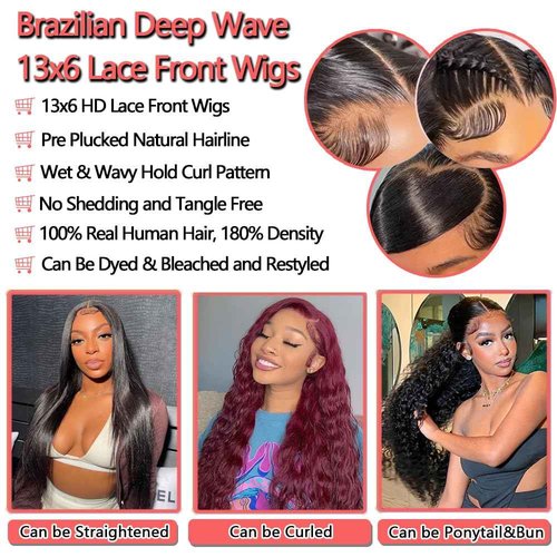 FIONAT 30 Inch Deep Wave Lace Front Wigs Human Hair Pre Plucked 13x6 HD Lace Front Wigs Human Hair 180% Density Deep Curly Wig Frontal Glueless Wigs Human Hair for Women