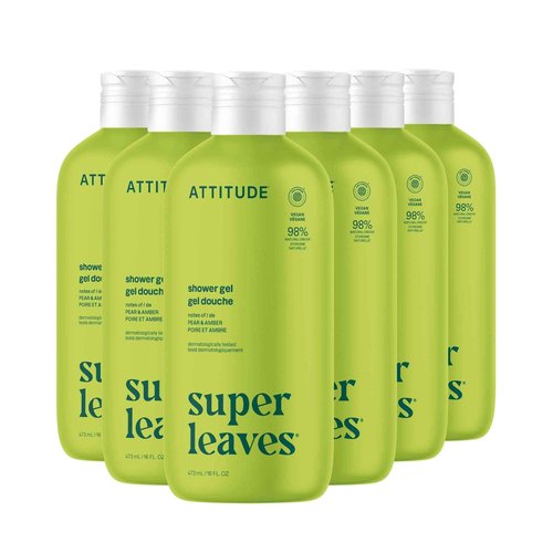 ATTITUDE Body Wash, EWG Verified Shower Gel, Dermatologically Tested, Plant and Mineral-Based, Vegan Personal Care Products, Pear & Amber Scent, 16 Fl Oz (Pack of 6)
