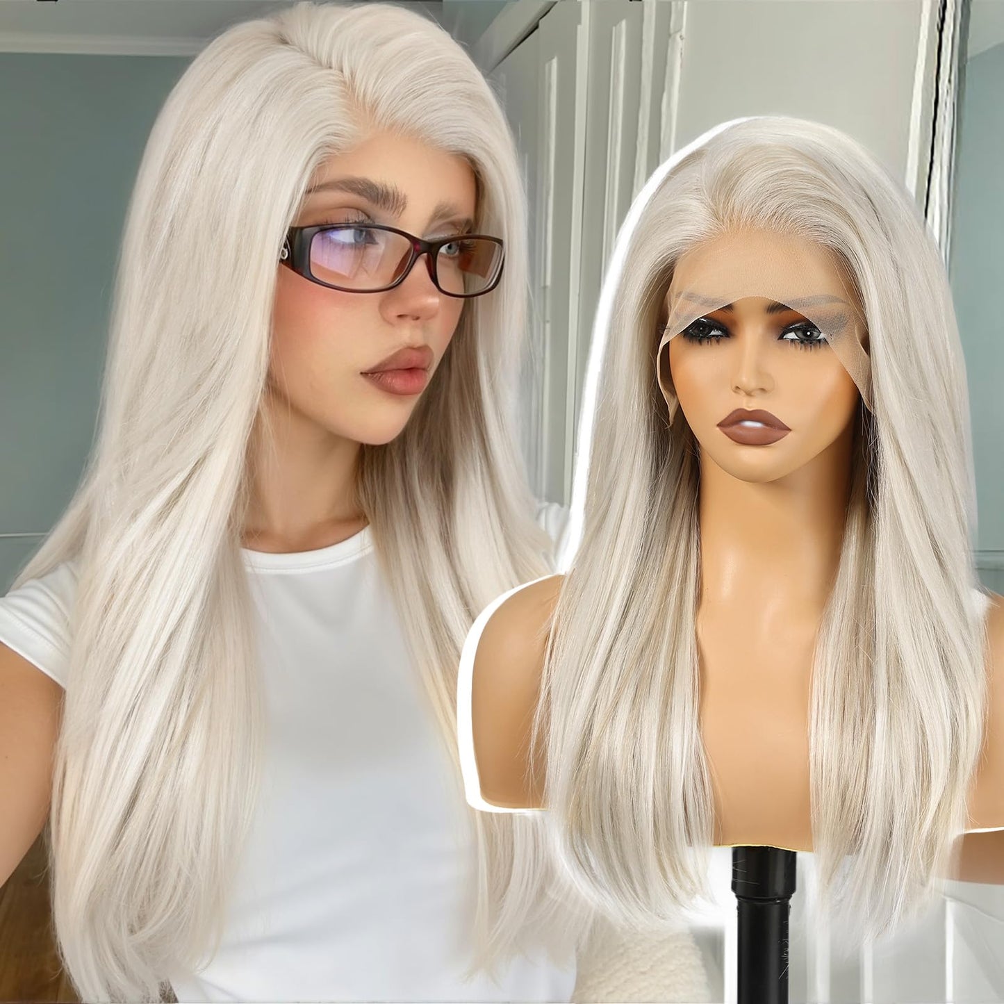 KOME Platinum Blonde Synthetic Lace Front Wig,13X6 Long Straight Layered Glueless Wigs for Women Daily Use 22IN