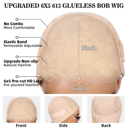 SUPERLOOK 6×5 Blonde 613 Bob Wig Human Hair Wear and Go Glueless Wigs Pre Cut 210% Density 613 Lace Front Wig Human Hair 613 Closure Bob Wig Real Pre Bleached Tiny Knots（12inch,613 Glueless bob）