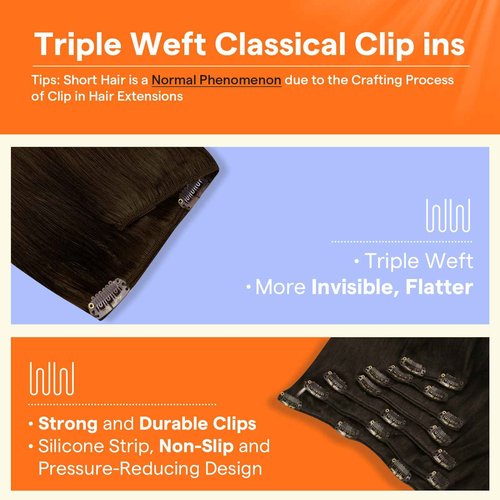 Full Shine Clip in Hair Extensions Real Human Hair Clip in Extensions Dark Brown Hair Extensions Clip ins Brunette Hair Triple Weft 7 Pcs 18 Inch 120 G