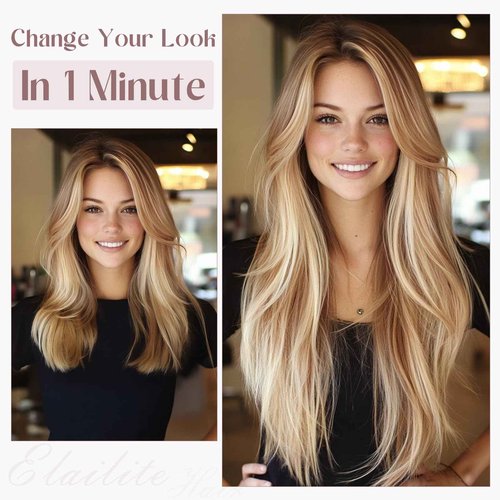 Elailite Clip in Hair Extensions Real Human Hair, Remy Hairpieces for Women, 7PCS Lace Weft Full Head, 14 Inch 100g Golden brown & Bleach Blonde