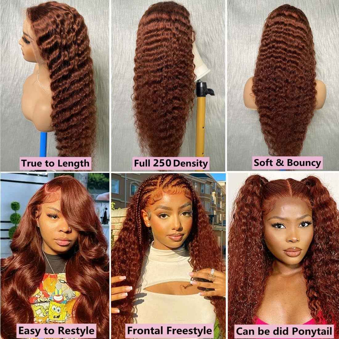 250 Density Reddish Brown Ultra-thin HD Lace Front Wigs Human Hair Upgraded Tiny Knots 20inch Copper Red 13x4 Deep Wave Transparent Lace Frontal Wig Pre Plucked Curly Wigs for Women Ginger #33 Colored