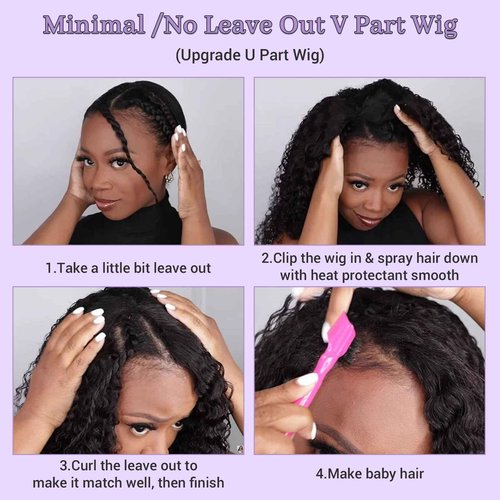 DSEKCAIN Kinky Curly V Part Wig Human Hair Glueless Clip In 100% Real Human Hair Curly V part Wigs No Glue No Sew In Upgrade U Part Wig For Beginners Friendly 200 Density 18 Inch