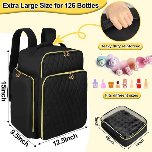 ahzske Nail Polish Organizer Backpack Holds 126 Bottles& Nail Lamp, Extra Large Nail Kit Supplies Organizer Bag with 3 Removable Cases, Portable Nail Organizers and Storage for Travel (Pure Black)
