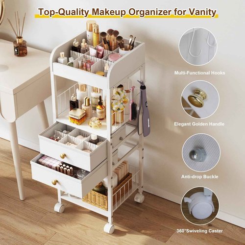 DongRong Floor Makeup Organizer with Lockable Wheels & 8 Dividers, 2-Drawer Rolling Skincare Cart for Cosmetics/Perfume/Nail Polish, Mobile Vanity Storage - White (Bathroom/Bedroom Use)